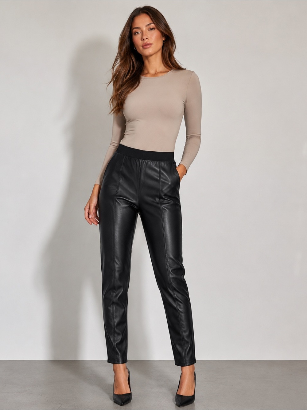 Blank NYC Black Faux Leather Straight Leg Pants with Elastic Waist